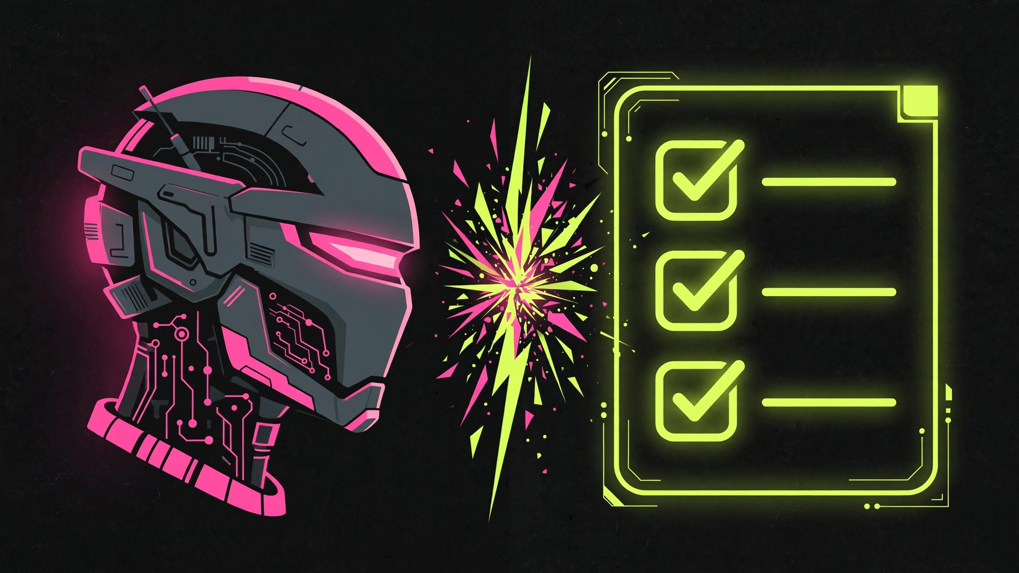 Illustration of a robot head facing off against a glowing quiz checklist