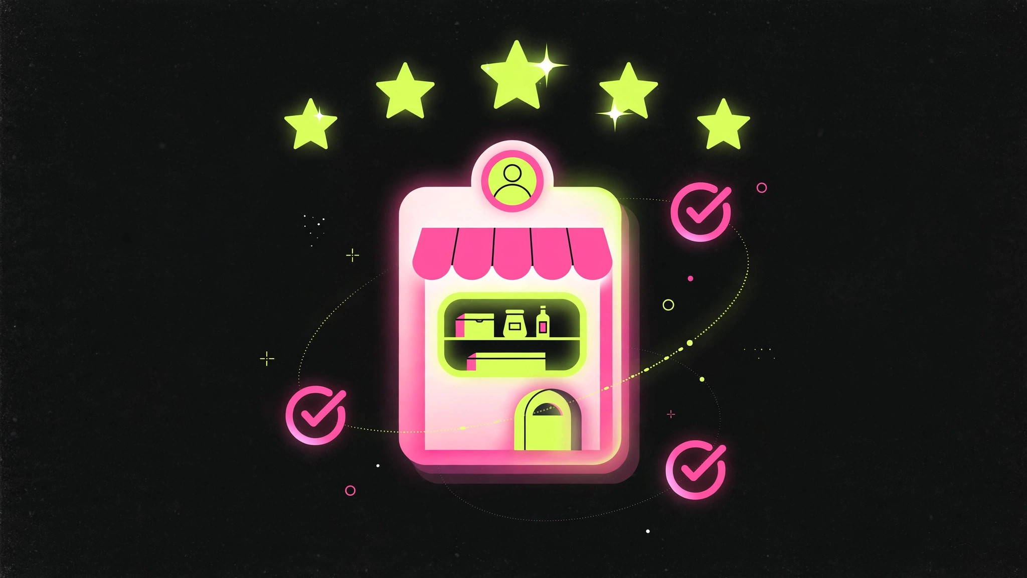 Illustration of a glowing storefront profile card with five stars and orbiting checkmarks