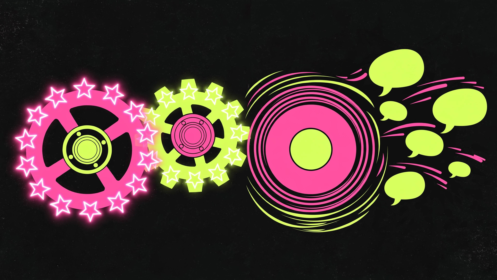 Illustration of interlocking gears made of glowing five-star shapes spinning like a flywheel