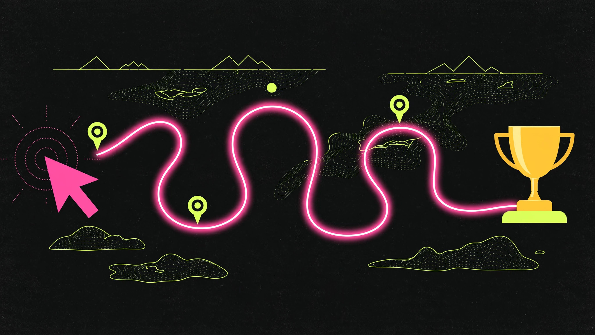 Illustration of a winding glowing path from a cursor click through waypoints to a golden customer trophy