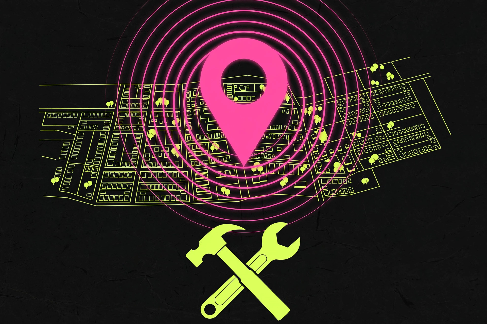 Illustration of a map with a glowing location pin over a neighborhood and a hammer and wrench below