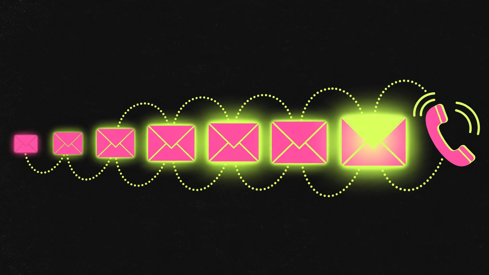 Illustration of seven glowing envelopes growing brighter in sequence along a dotted path to a ringing phone