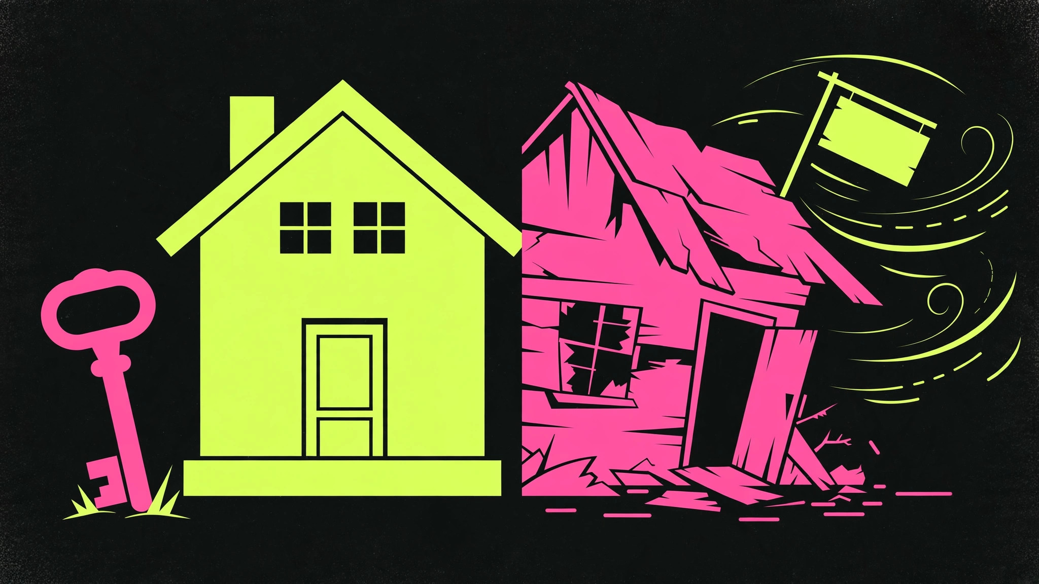 Illustration of a solid house with a golden key beside a flimsy rental house being carried away by wind