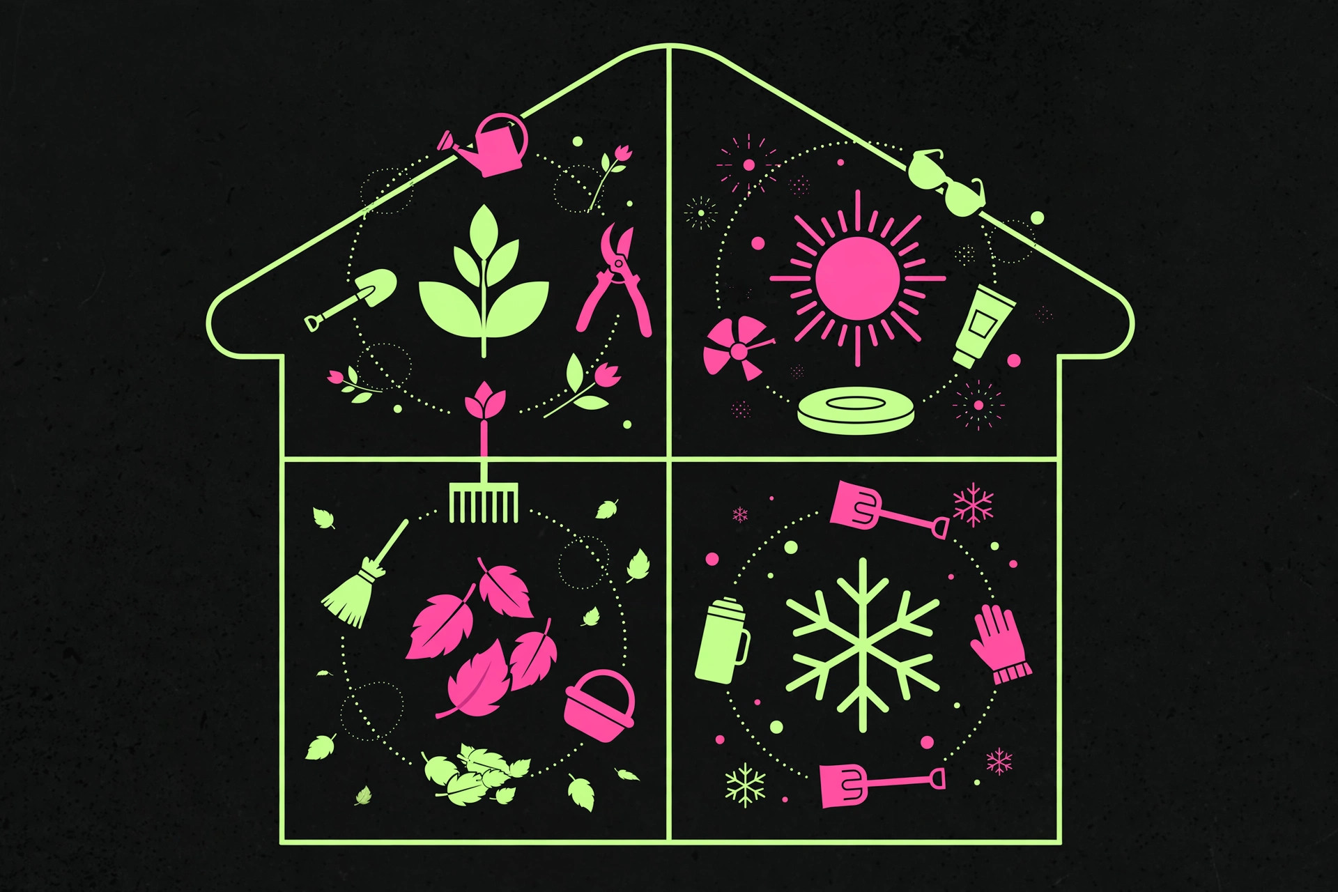 Illustration of a house split into four seasonal quadrants with service icons and orbiting tools
