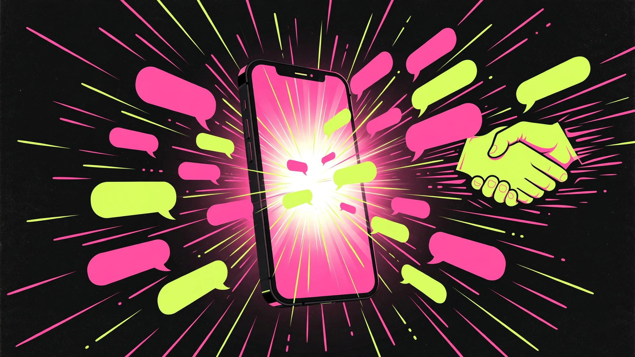 Illustration of a glowing smartphone with chat bubbles bursting outward and one turning into a handshake