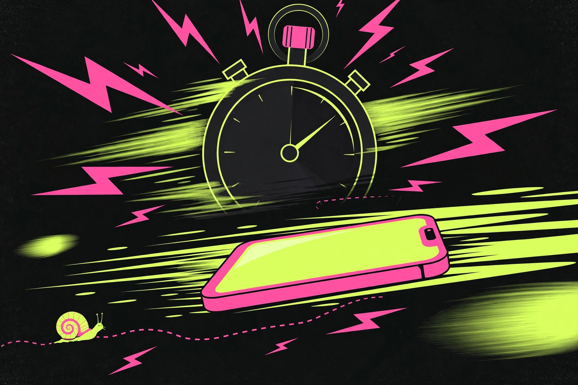 Illustration of a giant stopwatch with lightning bolts as a phone races past a slow snail