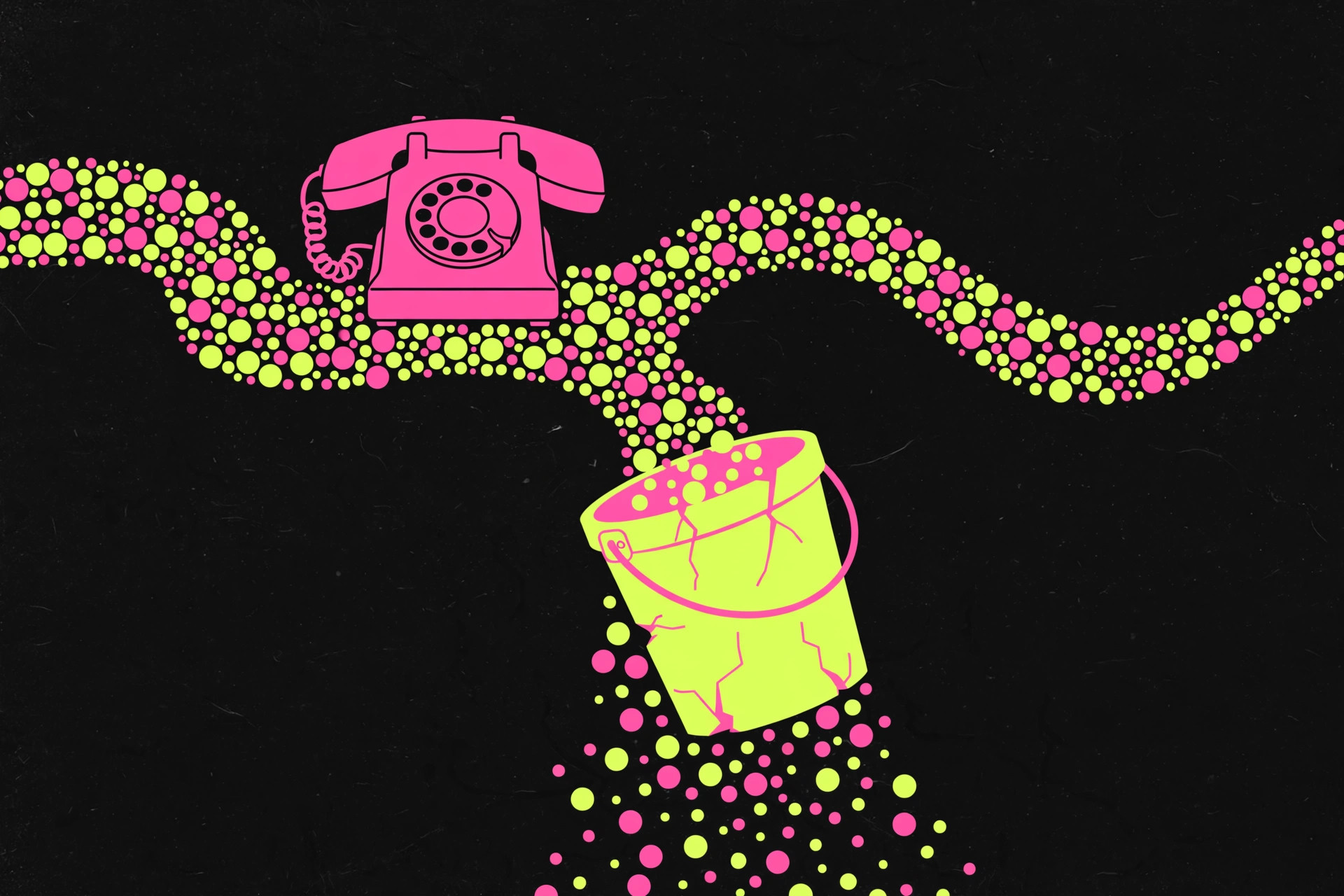 Illustration of visitor dots flowing like a river past a silent telephone, leaking through a cracked bucket