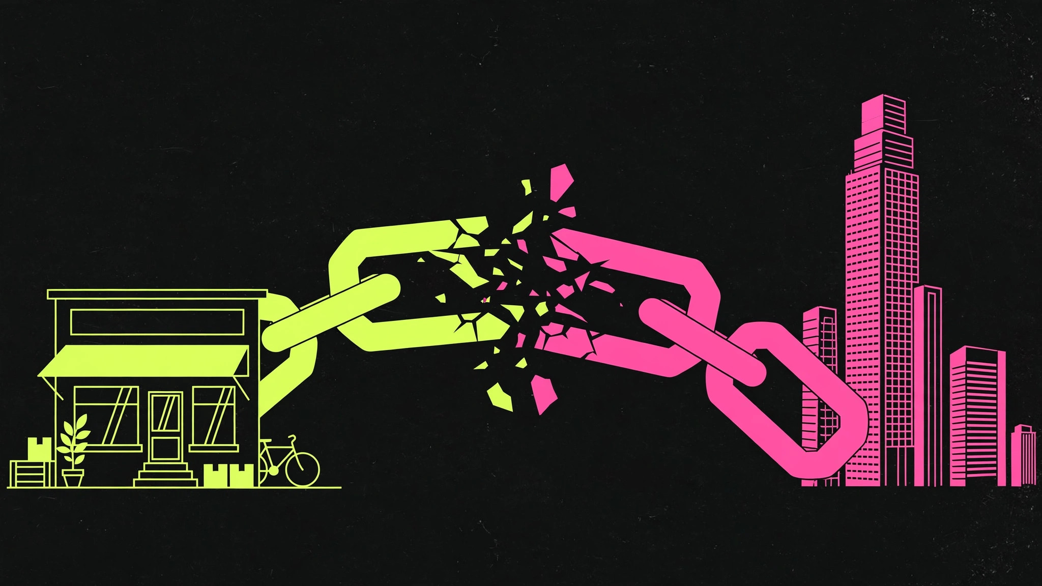 Illustration of a broken chain link between a small storefront and a distant corporate tower